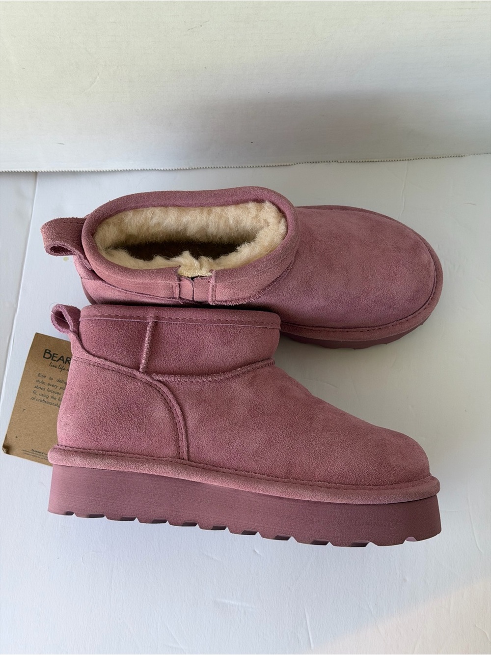 BearPaw Dusty Pink Suede Shearling Ankle Booties